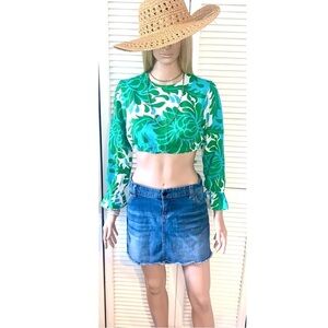 Handmade Linen cropped long sleeve Green, Blue and white floral blouse Small